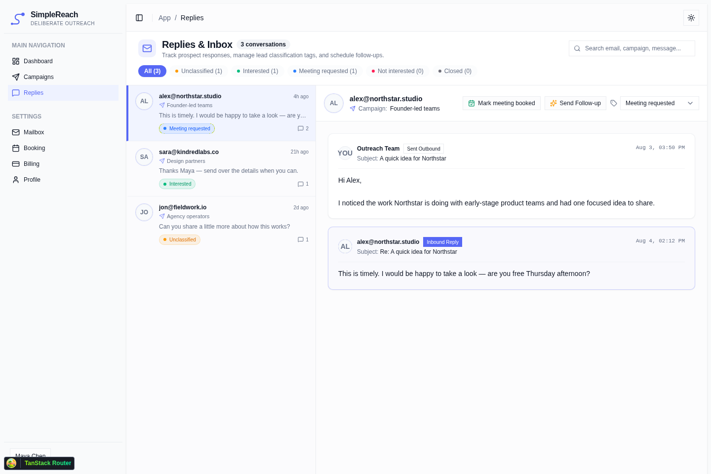 The real SimpleReach Replies and Inbox interface with conversation classification